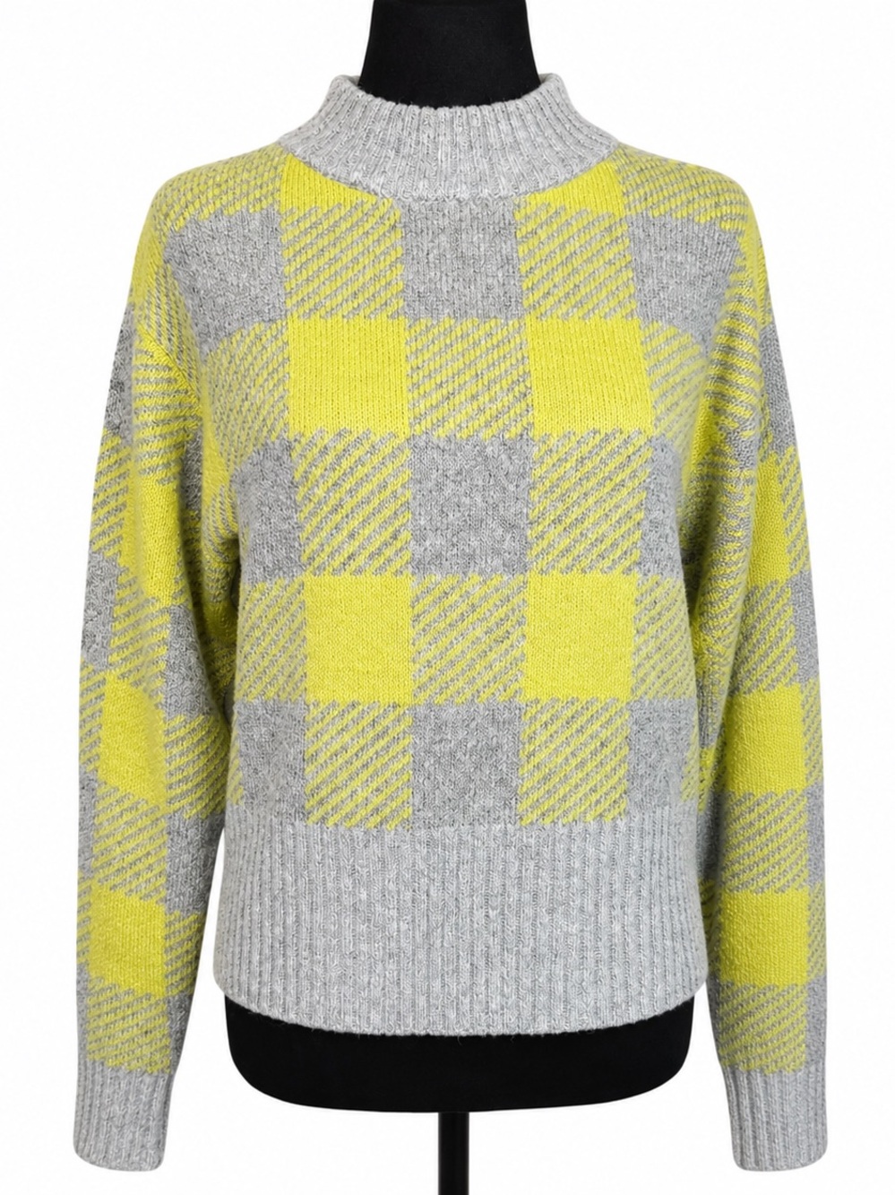 POOF New York Plaid Check Mock Neck Sweater Gray Lime Green Size Large